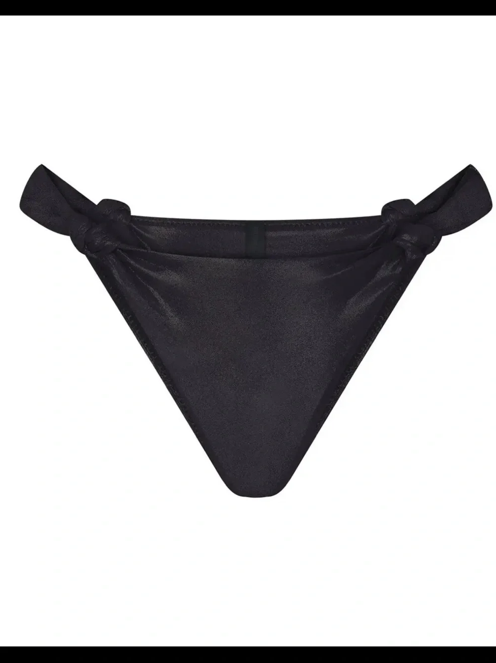SKIMS Liquid Shine Swim Knotted Cheeky Tanga Bottom in the color Onyx M beach